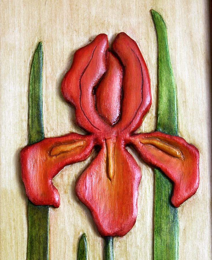detail of iris carving by Robert W. Lang